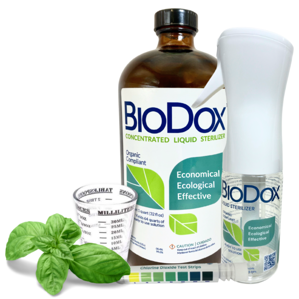 BioDox Concentrated Liquid Sterilizer. BioDox Quart Bottle. BioDox Spray Bottle. BioDox Test Strips.